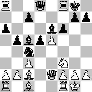 Wit Kg1, De2,Ta1,Tf1,Lc2,Lc1,Pf3, pi a2,b2,c3,e5,f2,g2,h2, Zwart Kg8,Dd8,Ta8,Tf8,Lc5,Le6,Pc4,pi a6,b5,c7,d5,f6,g7,h7