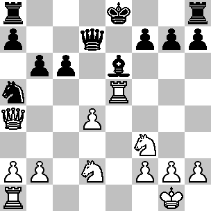 Wit Kg1, Da4, Ta1, Te5, Pd2, Pf3, pi a2, b2, d4, f2, g2, h2 Zwart Ke8, Dd7, Ta8, Th8, Le6, Pa5, pi a7, b6, c6, f7, g7, h7