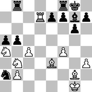 Wit Kg1, Td7, Le3, Lg2, Pa4, Pb3, pi b2, c4, f4, h3 Zwart Kg8, Tb8, Tf8, Lg7, Pa2, pi a5, b5, e7, f7, g6, h7
