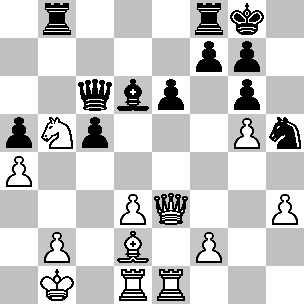Wit Kb1, De3, Td1, Te1, Ld2, Pb5, pi a4, b2, d3, f2, g5, h3 Zwart Kg8, Dc6, Tb8, Tf8, Ld6, Ph5, pi a5, c5, e6, f7, g6, g7