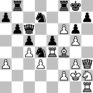 Wit Kg2, Dh3, Te4, Th1, Lf4, Ph2, pi a3, c4, d3, f2, f6, g3, g5 Zwart Kg8, Dc6, Tb8, Tf8, Pd4, Pd7, pi a7, b6, c5, e5, g6, h7