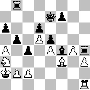 Wit: Ka2, Th1, Lf3, Pa3, pi a4, b2, c2, d5, e4, g4, h3; Zwart: Ke7, Tb8, Th4, Lf4, pi a6, b5, c4, d6, e5, f7