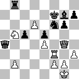 Wit: Kg1, Dg4, Tf3, Pb5, pi b2, d6, e4, f2, g2, h3; Zwart: Kf7, Da4, Tb8, Lg7, Pf6, pi c5, e5, g6, h7