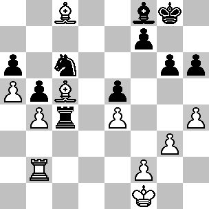 Wit Kf1, Tb2, Lc5, Lc8, pi a5, b4, e4, f2, g3, h4 Zwart Kg8, Tc4, Lf8, Pc6, pi a6, b5, e5, f7, g6, h6