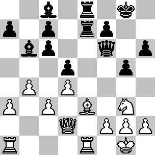 Wit Kg1, Dd2, Ta1, Te1, Le3, Pg3, pi a3, b4, c3, d4, f2, g2, h2 Zwart Kg8, Df6, Te7, Te8, Lb6, Lc8, pi a7, c6, c7, d5, f7, g5, h6