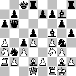 Wit: Kg1, Dd1, Ta2, Tf1, Ld2, Lg2, Pa3, Pf3, pi a4, b2, c3, d4, e2, f4, g3, h2; Zwart: Kc8, Db6, Td8, Th8, Lf5, Lg7, Pb3, Pg4, pi a6, b7, c4, d5, e7, f7, g6, h5