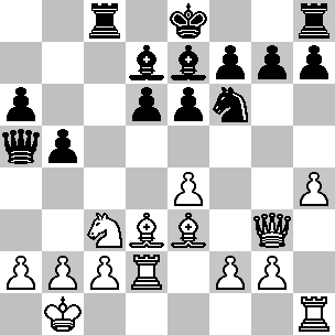 Wit: Kb1, Dg3, Td2, Th1, Ld3, Le3, Pc3, pi a2, b2, c2, e4, f2, g2, h4; Zwart: Ke8, Da5, Tc8, Th8, Ld7, Le7, Pf6, pi a6, b5, d6, e6, f7, g7, h7
