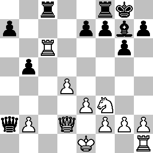 Wit: Ke1, Dd2, Tc6, Th1, Pf3, pi b2, d4, e3, f2, g2, h2; Zwart: Kg8, Da2, Tc8, Tf8, Lg7, pi a7, b5, e7, f7, g6, h7