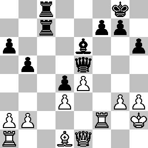 Wit Kh2, De1, Ta1, Tf2, Ld1, pi a2, b2, d3, e4, g3, h3 Zwart Kg8, De5, Tc7, Tc8, Le6, pi a6, b5, d4, f7, g7, h6