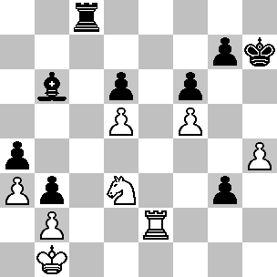 Wit Kb1, Te2, Pd3, pi a3, b2, d5, f5, h3 Zwart Kh7, Tc8, Lb6, pi a4, b3, d6, f6, g3, g7