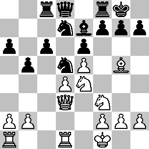 Wit: Kg1, Dd3, Ta1, Td1, Lg5, Pe4, Pf3, pi a2, b2, d4, e5, f2, g2, h2; Zwart: Kg8, Dd8, Tc8, Tf8, Le7, Pd5, Pd7, pi a6, b5, c6, e6, f7, g7, h7