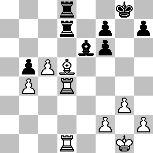 Wit Kg1, Td1, Td4, pi b4, c5, f2, g3, h2 Zwart Kg8, Td7, Td8, Le6, pi b5, f6, f7, h7