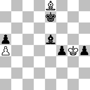 Wit Kg4, Le8, pi a4 Zwart Ke7, Le5, pi a5, f4, h4
