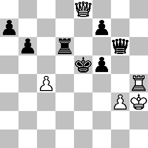 Wit: Kh3, De8, Th4, pi c4, g3; Zwart: Ke5, Dg6, Td6, pi a7, b6, f5, f7