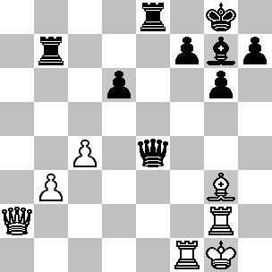 Wit Kg1, Da2, Tf1, Tg2, Lg3, pi b3. c4 Zwart Kg8, De4, Tb7, Te8, Lg7, pi d6, f7. g6. h7