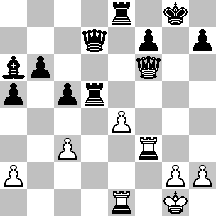Wit: Kg1, Df6, Te1, Tf3, pi a2, c3, e4, g2, h2; Zwart: Kg8, Dd7, Td5, Te8, La6, pi a5, b6, c5, f7, h7