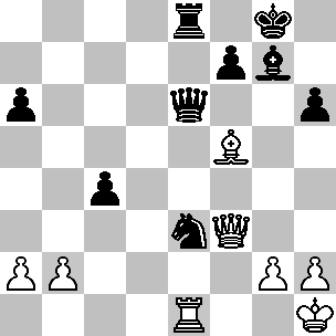 Wit: Kh1, Df3, Te1, Lf5, pi a2, b2, g2, h2; Zwart: Kg8, De6, Te8, Lg7, Pe3, pi a6, c4, f7, h6