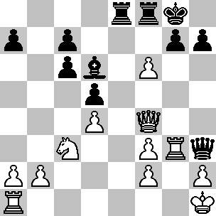 Wit Kh1, Df4, Ta1, Tg3, Pc3, pi a2, b2, d4, f2, f3, f6, h2 Zwart Kg8, Dh3, Te8, Tf8, Ld6, pi a7, c6, c7, d5, g7, h7