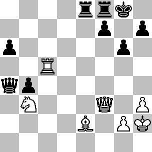 Wit: Kh2, Df3, Tc5, Le2, Pb3, pi g2, h3; Zwart: Kg8, Da4, Te8, Tf8, pi a6, b4, f7, g6, h7