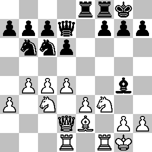 Wit: Kg1, Dd2, Td1, Tf1, Le2, Pc3, Pf3, pi a3, b4, c4, d4, e3, g2, h2; Zwart: Kg8, Dd7, Te8, Tf8, Lg4, Pb6, Pc6, pi a7, b7, c7, d6, f7, g7, h7