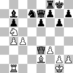 Wit: Kg1, De3, Tb1, Le2, Pb5, pi b4, c4, f3, g2, h2; Zwart: Kg8, De7, Tf8, Lb7, Pd7, pi b6, e6, f7, g6, h7