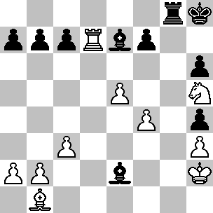 Wit: Kh2, Td7, Lb1, pi a2, b2, c3, e5, f4, h3; Zwart: Kh8, Tg8, Le7, Lh5, pi a7, b7, c7, f7, h4, h6
