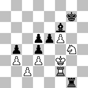 Wit Kf3, Tf2, Pg4, pi b3, c2, d3, f5 Zwart Kg7, Tg1, Lf6 pi b4, d4, d5, e5