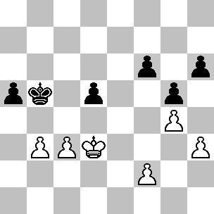 Wit Kd3, pi b3, c3, f2, g4, h3 Zwart Kb5, pi a5, d5, f6, g5, h6