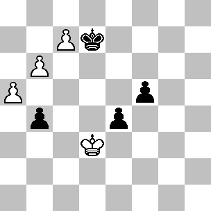 Wit: Kd3, pi a5, b6, c7; Zwart: Kd7, pi b4, e4, f5