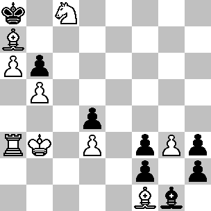 wit Kb3 Ta3 La7 Lf1 Pc8 pionnen a6 b5 d3 g3 zwart Ka8 Lg1 pionnen b6 d4 f3 f2 h3 h2