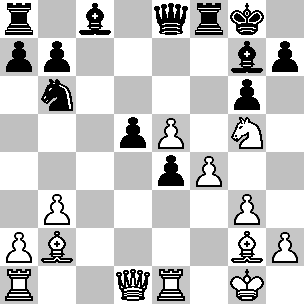 Wit: Kg1, Dd1, Ta1, Te1, Lb2, Lg2, Pg5, pi a2, b3, e5, f4, g3, h2; Zwart: Kg8, De8, Ta8, Tf8, Lc8, Lg7, Pb6, pi a7, b7, d5, e4, g6, h7