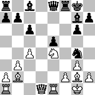 Wit: Kg1, Dd1, Ta1, Te1, Lb2, Lg2, Pe4, pi a2, b3, c4, f2, g3, h2; Zwart: Kg8, De8, Ta8, Tf8, Lc8, Lg7, Pg4, pi a7, b7, c6, e5, g6, h7