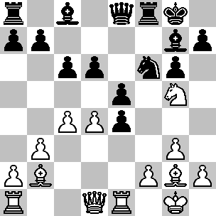 Wit: Kg1, Dd1, Ta1, Te1, Lb2, Lg2, Pg5, pi a2, b3, c4, d4, f2, g3, h2; Zwart: Kg8, De8, Ta8, Tf8, Lc8, Lg7, Pf6, pi a7, b7, c6, d6, e4, e5, g6, h7