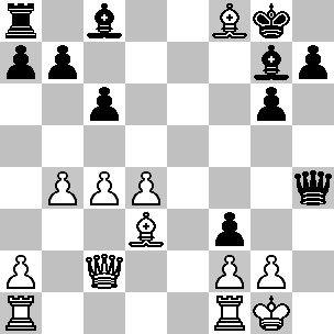 Wit: Kg1, Dc2, Ta1, Tf1, Ld3, Lf8, pi a2, b4, c4, d4, f2, g2; Zwart: Kg8, Dh4, Ta8, Lc8, Lg7, pi a7, b7, c6, f3, g6, h7