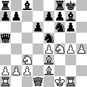 Wit Kf1, Dd1, Ta1, Tg1, Le2, Le3, Pc3, Pf4, pi a2, b2, c2, e4, g4, h4 Zwart Kg8, Da5, Ta8, Tf8, Lc8, Lg7, Pe5, Pf6, pi a7, b7, d6, e7, f7, g6