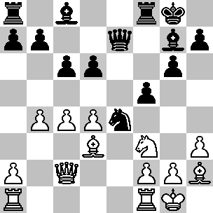 Wit: Kg1, Dc2, Ta1, Tf1, Ld3, Lh2, Pf3, pi a2, b4, c4, d4, f2, g2, h3; Zwart: Kg8, De7, Ta8, Tf8, Lc8, Lg7, Pe4, pi a7, b7, c6, d6, f5, g6, h7