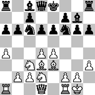 Wit: Kg1, Dd1, Ta1, Tf1, Ld3, Le3, Pc3, Pd2, pi a4, b2, c2, d4, e4, f2, g2, h3; Zwart: Ke8, Dd8, Ta8, Th8, Lc8, Lg7, Pc6, Pf6, pi a6, b6, c7, d6, e6, f7, g6, h6