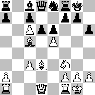 Wit: Kg1, Dd1, Ta1, Tf1, Lc5, Ld3, Pf3, pi a2, c3, e5, f2, g2, h2; Zwart: Kg8, Dd8, Ta8, Tf8, Lc8, Pe8, pi a7, c7, d6, e6, f7, g7, h6