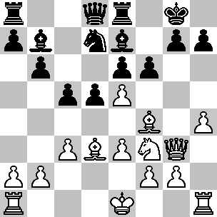Wit: Ke1, Dg3, Ta1, Th1, Ld3, Lf4, Pf3, pi a2, b2, c3, e3, e5, f2, g2, h4; Zwart: Kg8, Dd8, Ta8, Te8, Lb7, Le7, Pd7, pi a7, b6, c5, d5, e6, f6, g7, h7