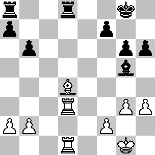 Wit Kg1, Td1, Td3, Ld4, pi a2, b2, f2, g3, h3 Zwart Kg8, Ta8, Td8, Lg5, pi a7, b6, f7, g6, h6