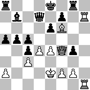 Wit Ke2, Df4, Th1, Th7, Lf6, pi a2, c3, d4, e4, f2, g2 Zwart Ke8, Dd7, Ta8, Tg8, Lb7, pi a5, b5, c4, c5, e6, f7, g4