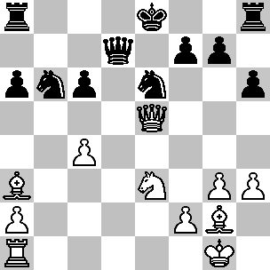 Wit Kg1, De5, Ta1, La3, Lg2, Pe3, pi a2, c4, f2, g3, h3 Zwart Ke8, Dc7, Ta8, Th8, Pb6, Pe6, pi a6, c6, f7, g7, h6