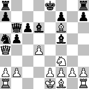Wit: Ke1, Da4, Ta1, Th1, Lf1, Lf6, Pf3, pi a2, b2, d4, e2, f2, g2, h2; Zwart: Ke8, Db6, Ta8, Th8, Ld6, Lf5, Pa5, pi a7, b7, c6, f7, h7