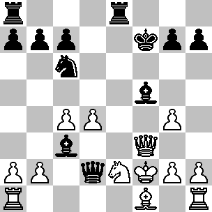 Wit Kf2, Df3, Ta1, Th1, Lf1, Pe2, pi a2, b2, c4, d4, g2, g4, h2 Zwart Kf7, Dd2, Ta8, Te8, Lc3, Lf5, Pc6, pi a7, b7, c7, g7, h7