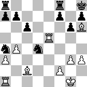 Wit Kg1, Ta1, Te5, Lc2, Lh6, pi a3, b4, f2, g3, h3 Zwart Kh8, Ta8, Tf8, Pa4, Pd4, pi a7, b7, c6, f7, g6, h7