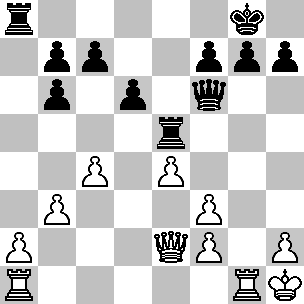Wit Kh1, De2, Ta1, Tg1, pi a2, b3, c4, e4, f2, f3, h2 Zwart Kg8, Df6, Ta8, Te5, pi b6, b7, c7, d6, f7, g7, h7