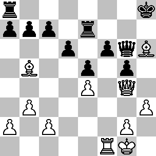 Wit Kg1, Dg4, Tf1, Lb5, Lh6, pi a2, b3, c2, e4, g2, h3 Zwart Kh8, Dg6, Ta8, Te7, pi a7, b7, c7, d6, e5, f6, g5