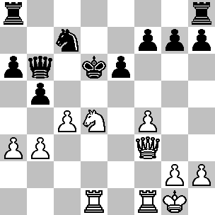 Wit Kg1, Df3, Td1, Tf1, Pd4, pi a3, b3, c4, f4, g2, h2 Zwart Kd6, Db6, Ta8, Tf8, Pc7, pi a6, b5, e6, f7, g7, h7