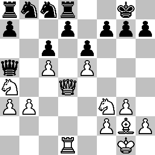 Wit: Kg1, Dd4, Td1, Lg2, Pa4, Pf3, pi a3, b3, c5, e5, f2, g3, h2; Zwart: Kg8, Da5, Ta8, Td8, Pb8, Pc8, pi a7, c6, d7, e6, f7, g7, h7