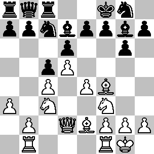 Wit Kg1, Dd2, Tb1, Tf1, Le2, Lf4, Pc3, Pf3, pi a3, b2, c4, d5, e4, f2, g2, h2 Zwart Kf8, Db8, Ta8, Tc8, Ld7, Lg7, Pc7, Pg8, pi a7, b7, c5, d6, e7, f7, g6, h7